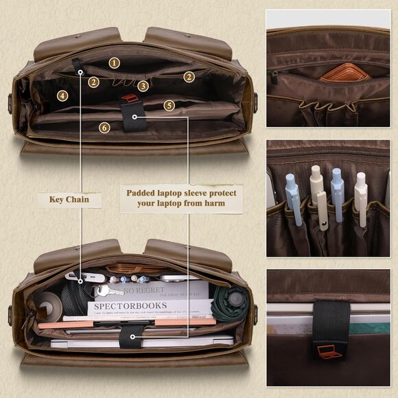 Men's Dark brown 15.6 Inch Water proof Laptop Bag Leather Briefcase Computer Bag - Picture 3 of 6